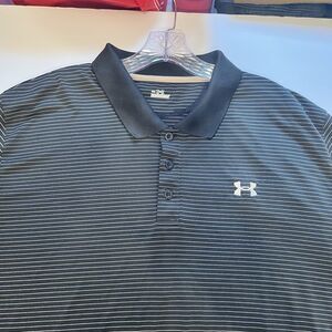 UNDER ARMOUR LOOSE HEAT GEAR Men's XXL Poly Spandex Golf Shirt Navy/White Stripe